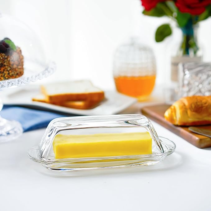 7 Inches Glass Butter Dish with Lid for Countertop - Crystal Glass Butter Keeper Elegant Clear Butter Holder Tray for 1 Stick East Coast,Dishwasher Safe