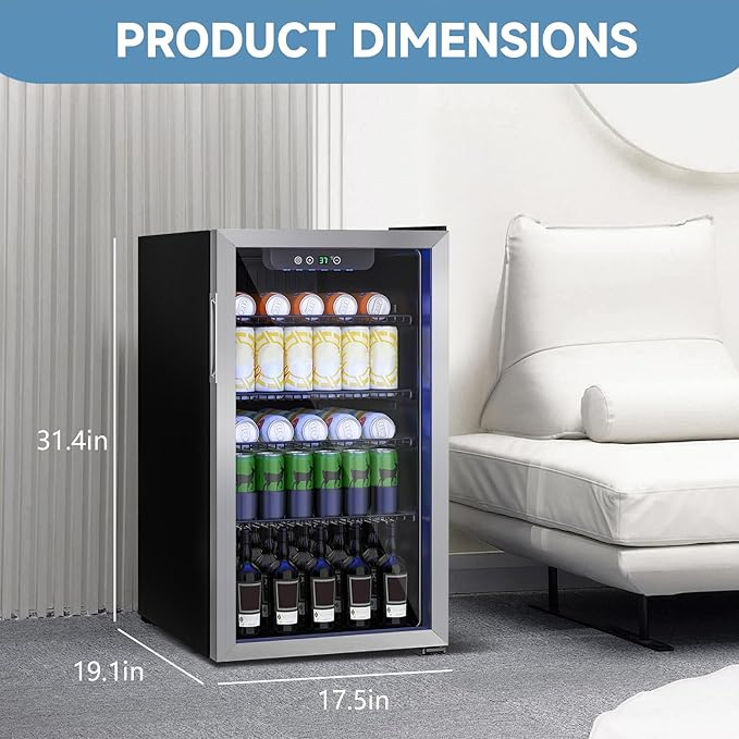 Stopasd Compact Beverage Refrigerator, 3.2 Cu.Ft/126 Can Drink Fridge with Adjustable Shelves & Glass Door for Soda Wine Beer, Quiet Undercounter Small Fridge for Home/Office/Bar/Garage,Sliver