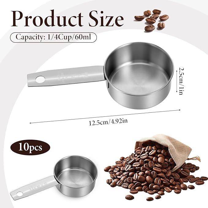 10 Pcs 1/4 Cup Scoop, 60ml/2oz Stainless Steel Measuring Spoons Metal Measuring Cups With Ergonomic Handles for Dry Liquid Ingredients Precise Baking Cooking Kitchen Tools, Dishwasher Safe