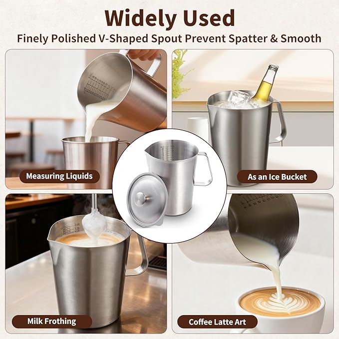 Stainless Steel Water Pitcher with Lid, 2L Stainless Steel Pitcher 8 Cup Metal Measuring Cup with Handle, Large 70 oz Milk Frothing Pitchers for Coffee, Iced Tea, Hot & Cold Water