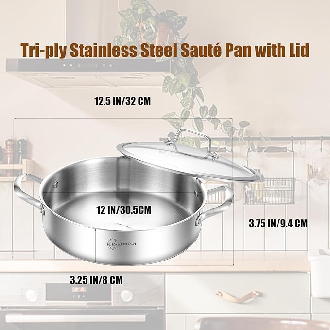 LOLYKITCH 5 QT Tri-Ply Stainless Steel Sauté Pan with Lid,12 Inch Deep Frying pan,Large Skillet,Jumbo Cooker,Induction Pot,Dishwasher and Oven Safe.