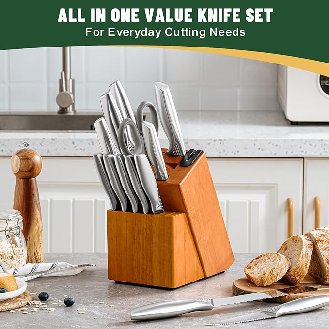 Knife Set, EWFEN 14-Piece Kitchen Knife Set with Block, German Stainless Steel Knives with Built-in Knife Sharpener, Anti-Slip Concave-dotted Handle Sharp Knives Set for Kitchen, Dishwasher Safe