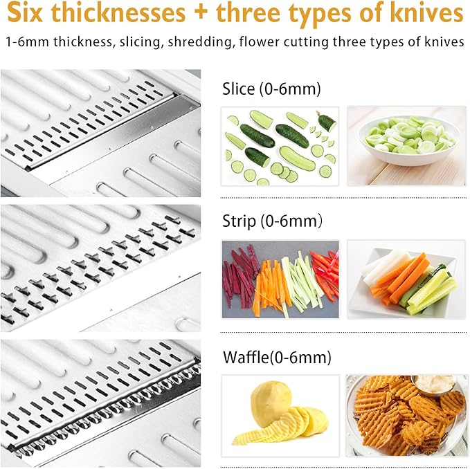 Large Mandoline Slicer for Kitchen - Professional Stainless Steel Onion Slicer & Cabbage Shredder, Integrated 2-in-1 Blade for Waffle & Smooth Cuts, Safety Hand Guard Included (Gray)