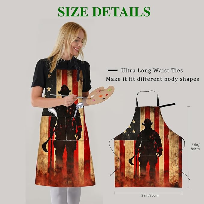 Firefighter Retro Apron with Adjustable Neck Strap,American Flag Vintage Kitchen Aprons with 2 Pockets for Women,28x33in,Oxford Fabric,Gifts for Wife Mom,For Chef Cooking Baking Gardening BBQ
