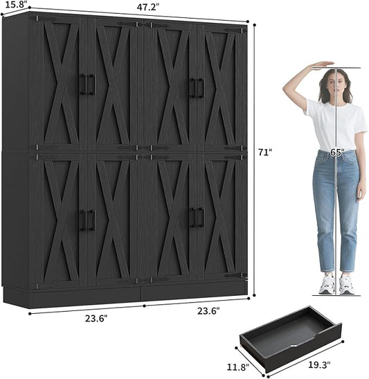 Unikito 71" Tall Kitchen Pantry Cabinet with Farmhouse Barn Doors and Storage Drawer, 4 Adjustable Shelves, Freestanding Cupboard for Kitchen, Dining Room, Living Room, Utility Room, Black 2 Pack
