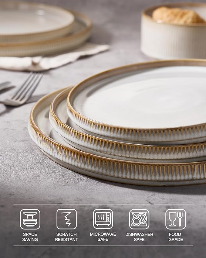 famiware Star Dinner Plates for 6, 10 inches Plate Set, Scratch Resistant, Stoneware Dinnerware, Kitchen Modern Rustic Serving Dishes, Cappuccino White (Pack of 3)