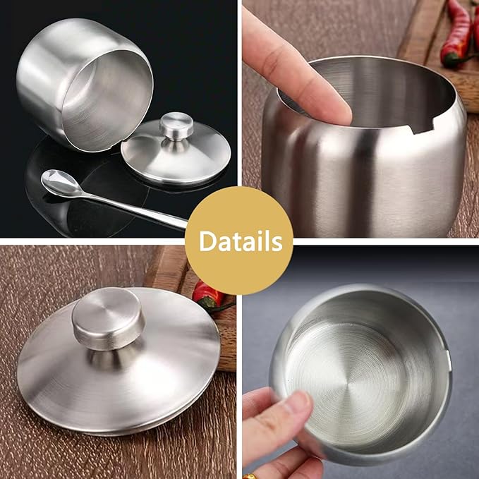15oz Sugar Bowl with Lid And Spoon, Stainless Steel Sugar Creamer Container, Round Sugar Jar, Durable Sugar Pot for Coffee Bar Accessories, Coffee Bar Decor, Home and Kitchen Storage, Silver