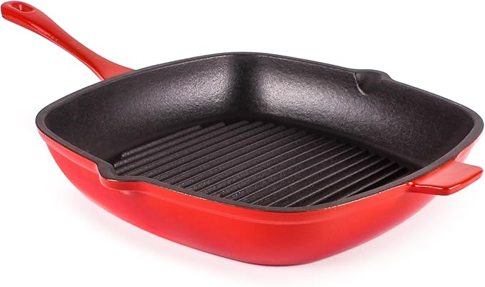 Berghoff Neo 2Pc Enameled Cast Iron Grill Set, Grill Pan 11 inches, Bacon/Steak Press 8 inches, Fast, Evenly Heat, Oven safe (Red)