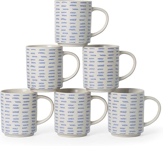 Coffee Mugs Set of 6, 17oz Ceramic Mugs with Handpainted Blue Gray Stripe Pattern, Modern Stackable Coffee Cups, Dishwasher and Microwave Safe Mugs for Home & Office