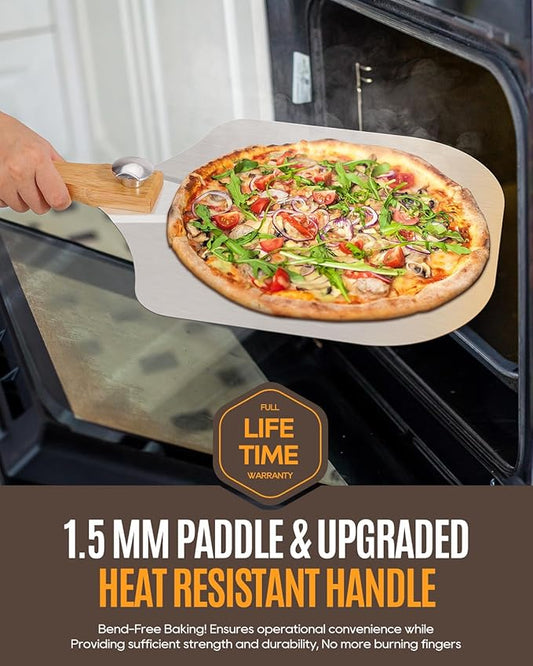 KLYRO Pizza Peel Aluminum Pizza Spatula Set, 12 x 14 Inch Metal Pizza Paddle with Foldable Wooden Handle, Pizza Rocker Cutter, Pizza Server, Pizza Oven Accessories for Baking Homemade Pizza Bread