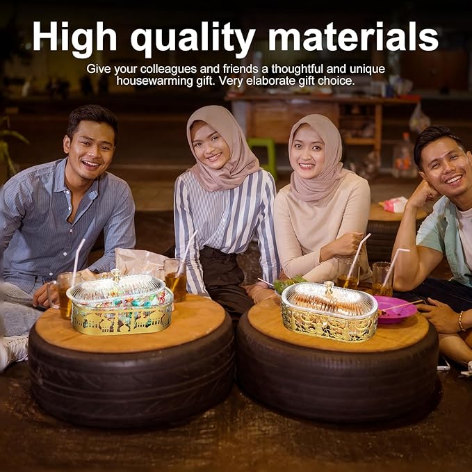 4 Pcs Ramadan Trays with Lid Eid Mubarak Gold Plates Dishes Table Decoration Muslim Islamic Serving Trays Metal Dessert Storage Container for Celebration (Ramadan Moon Star)