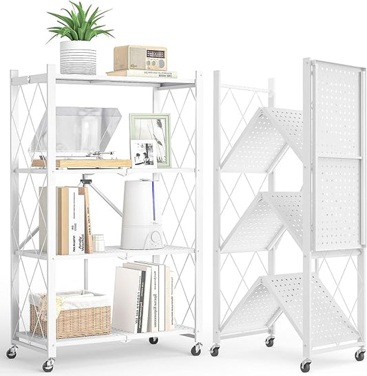 4-Tier Folding Metal Storage Rack - 50" Heavy-Duty Steel Frame with Wheels, No Assembly Utility Organizer, Rolling Shelving Unit for Kitchen, Garage, Pantry, Bedroom (White, 4 Tier)
