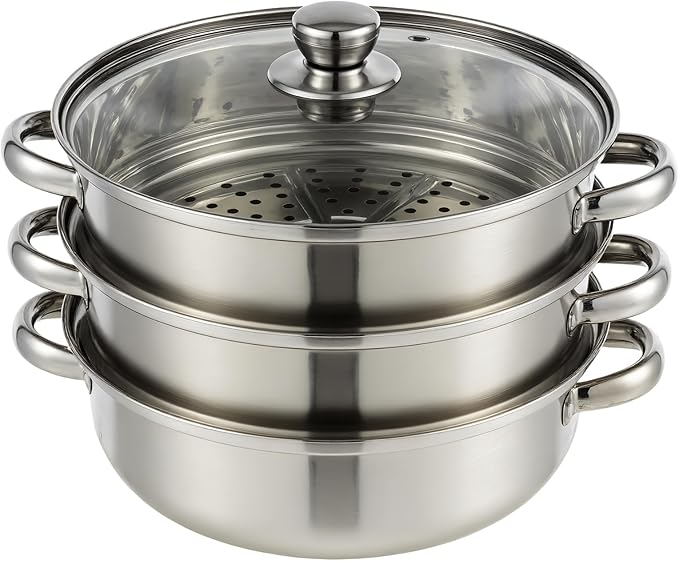 3-Tier Stainless Steel Steamer Pot with Lid, Multipurpose Steam Pots for Cooking, Vegetable & Dumpling Steamer Set with Durable Handles and Glass Lid for Fish, Meat, and Seafood