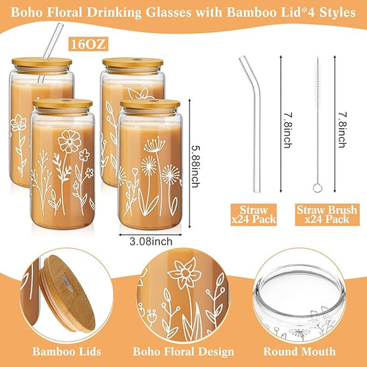 Mumufy 24 Pack Wedding Favor Glass Tumblers Boho Floral 16oz Iced Coffee Cups with Bamboo Lids and Straws Elegant Wedding Guest Favors and Reception Drinkware
