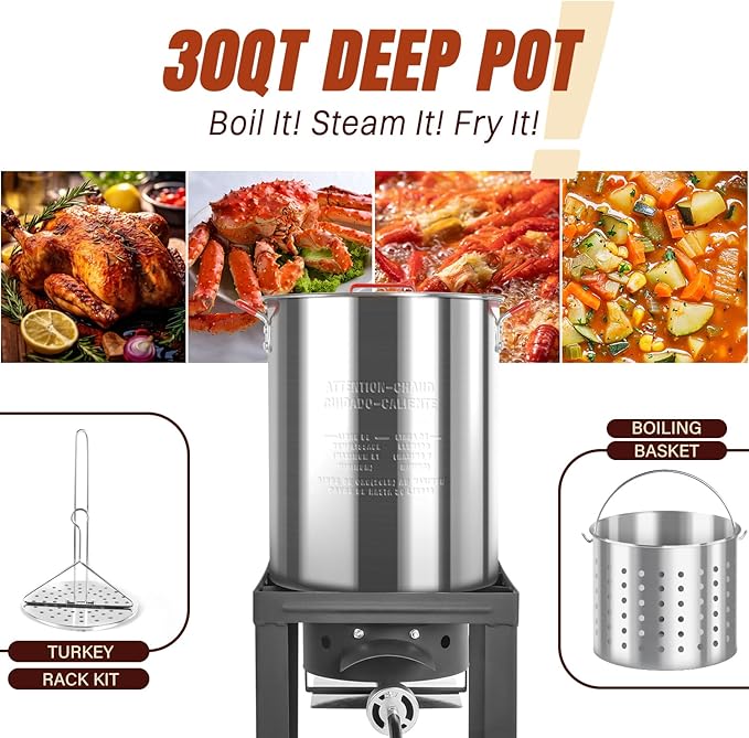 Hidpriva 30QT Turkey Fryer & 10QT Fish Fryer Kit, Waterproof Cover & 12-inch Skimmer, 55,000BTU Propane Burner Stove, Aluminum Turkey Fryer Pot, Outdoor Deep Fryer, Crawfish Boiler with Basket