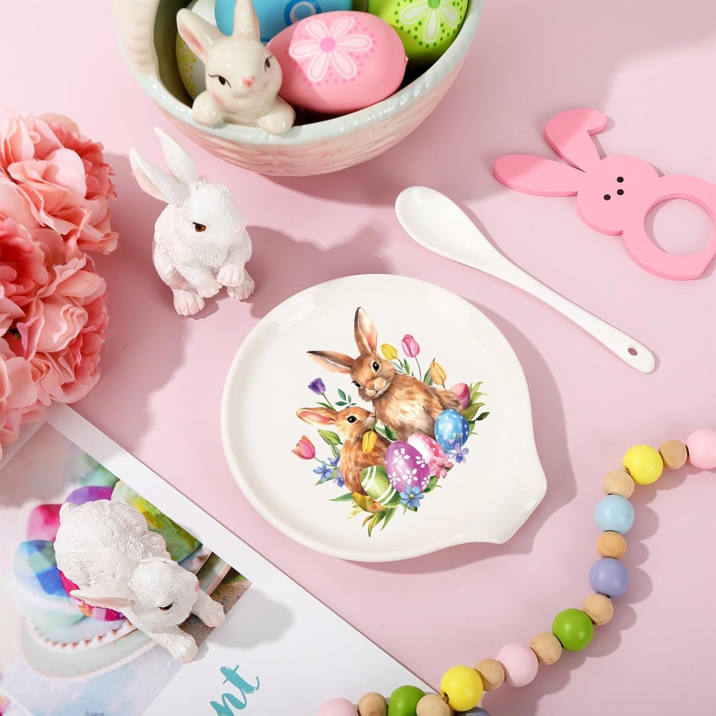 JarThenaAMCS 4.7inch Easter Bunny Spoon Rest Watercolor Rabbit Egg Tulip Flowers Small Coffee Spoon Holder for Spring Coffee Stirrers Teaspoon Bar Coffee Station