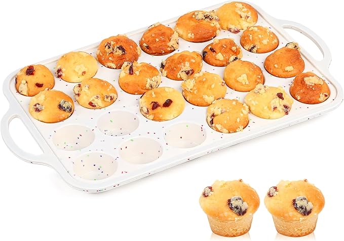 AOTASO 1 Pc Mini Muffin Pans with Metal Reinforced Frame, 24 Cups Nonstick Silicone Cupcake Tray for Baking, Food Grade Small Muffin Molds with Handles (Cream)