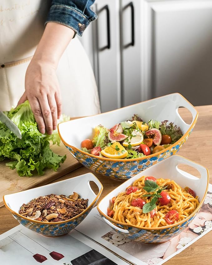 LAUCHUH Serving Dishes for Entertaining, Porcelain Serving Bowls with Handles Bohemian Salad Bowls Set Nesting Bowls for St. Patrick's Day Party, Set of 3, 15/28/49 oz, Blue and Yellow