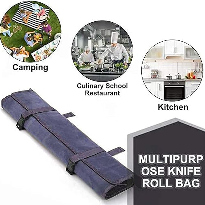 Chef’s Knife Roll Bag,Waxed Canvas Knife Cultery Carrier, Portable Chef Knife Cases,Knife Pouch Holders With 10 Slots Plus 1 Zipper Pockets Can Hold Home Kitchen Knife Tools Up To 18.8”
