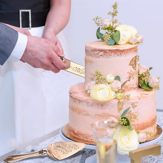 KSENDALO Wedding Cake Knife and Server Set Rose Gold Cake Cutting Set for Wedding, Deluxy SUS304 Stainless Steel Knife and Cake Server Set for Weddings, Birthdays & Anniversary(13.78inch Long)