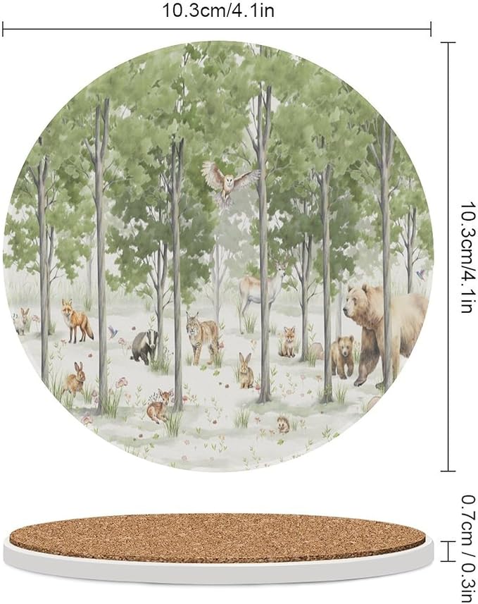 Round-6PCS Forest Drink Coasters, Round Modern Ceramic Absorbent Coasters, Cartoon Forest Nature Animal Bear, Deer, Fox, Rabbit Style Decor Desk Coffee Table Coaster for Beverage Cup Tea Coasters