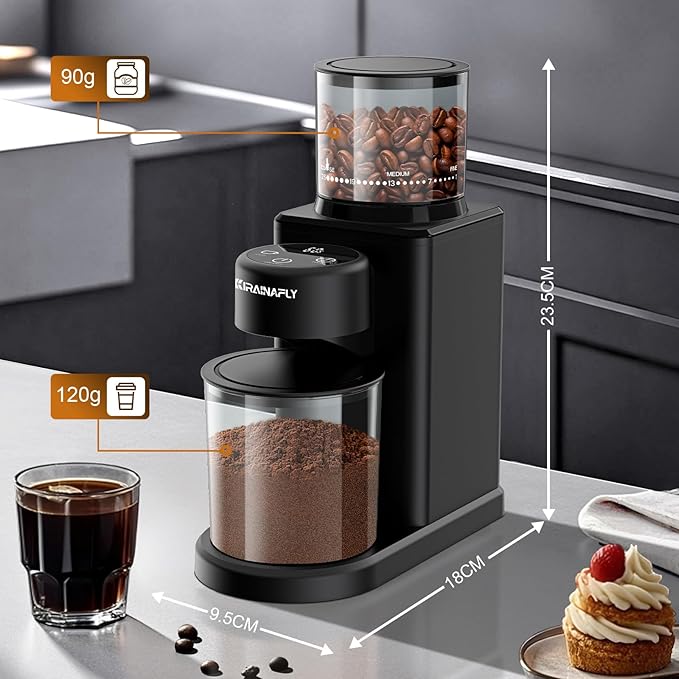 Conical Burr Coffee Grinder, Electric Coffee Bean Grinder with 25 Precise Grind Settings for Espresso/Drip/French Press, Smart Touch Control, Anti-static, Black