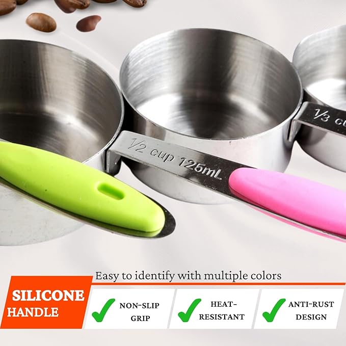 Measuring Cups and Spoons Set of 15, Include 5 Stackable Stainless Steel Cups, 5 Measuring Spoons and 5 Tiny Spoons, Metal Measuring Cups Set with Colored Silicone Handles for Cooking & Baking