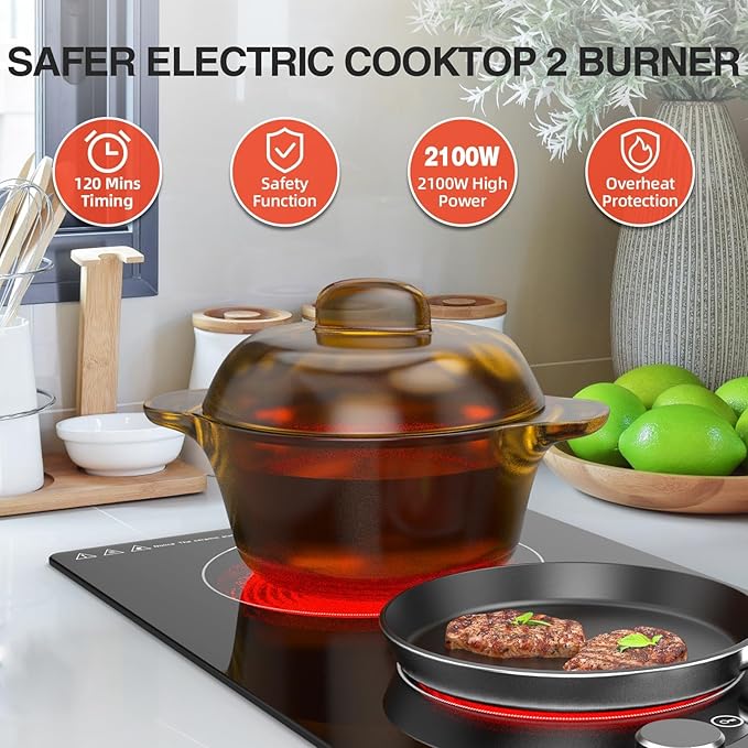 2 Burner Electric Cooktop - 12" Infrared Electric Stove Top with Knob Control, Countertop & Built-in, 2100W Ceramic Electric Hot Plate with 9 Power Levels, Child Lock, Timer, Residual Heat Warning