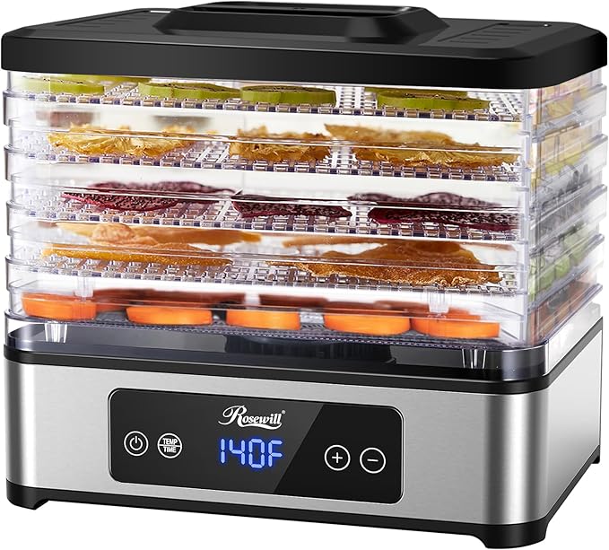 Rosewill Compact Food Dehydrator, 5 Stackable Trays with Adjustable 48H Timer and Temperature Control - 400W Electric Food Dryer for Jerky, Fruits, Herbs, Veggies, Meat & Dog Treats