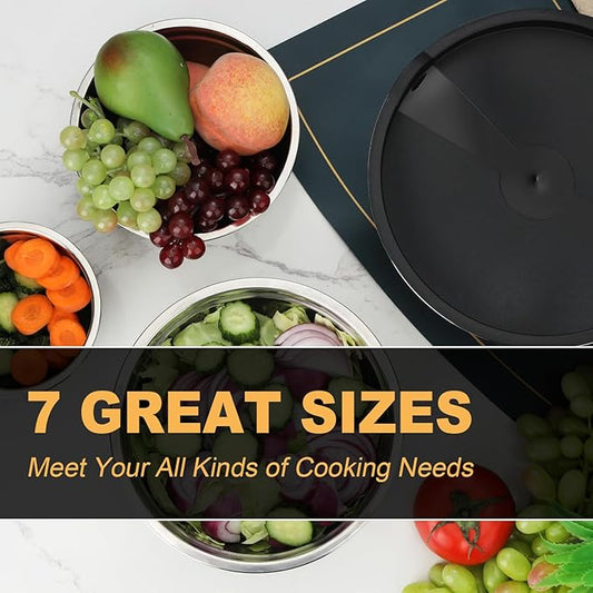 7 Piece Mixing Bowls with Lids Set - Mixing Bowls Stainless Steel Bowls for Kitchen Baking, Size 0.7, 1.1, 1.5, 2.1, 3.5, 4, 4.5QT, Baking Bowl for Food Preparation, Mixing and Serving Foods