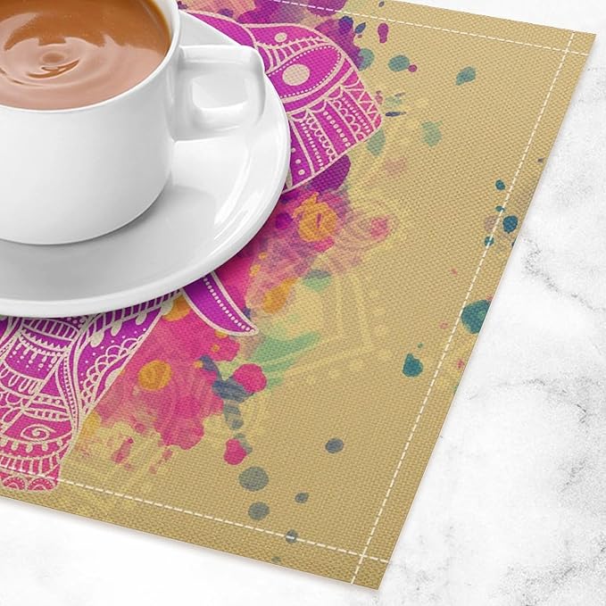 Mandala Placemats Set of 4 Boho Abstract Elephant Indian Ethnic Art Printed Dining Table Mats for Restaurant Home Kitchen Holiday Picnic Party Decor 12x18in