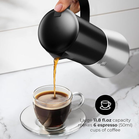 Stovetop Espresso Maker, Stainless Steel Moka Pot 6 Cup Espresso Maker (12 fl oz), Italian Coffee Pot, Compatible with Gas, Electric and Induction, Black & Silver Finish