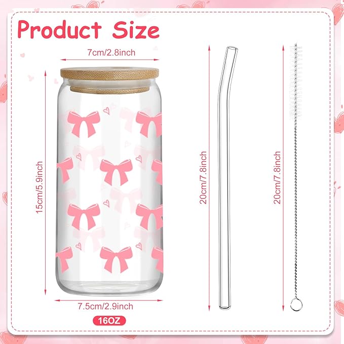 Pink Bow Glass Cups with Lids and Straws, 6 Pcs 16 OZ Coquette Bow Aesthetic Glass Reusable Iced Coffee Cup Smoothie Tumbler for Girls Women Sister