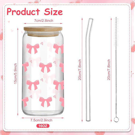 Pink Bow Glass Cups with Lids and Straws, 6 Pcs 16 OZ Coquette Bow Aesthetic Glass Reusable Iced Coffee Cup Smoothie Tumbler for Girls Women Sister