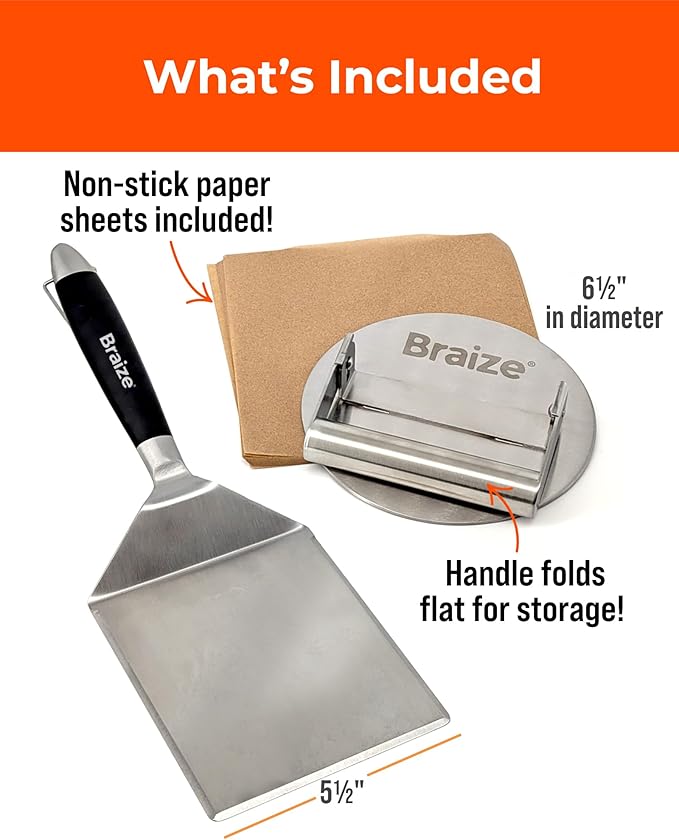 Smash Burger Press Kit – 6.5 Inch Stainless Steel Hamburger Smasher Tool – Heavy Duty Grill Press for Flat Top Griddles and Cast Iron Pan – Perfect for Crispy Smashed Burger Patty – Spatula Set