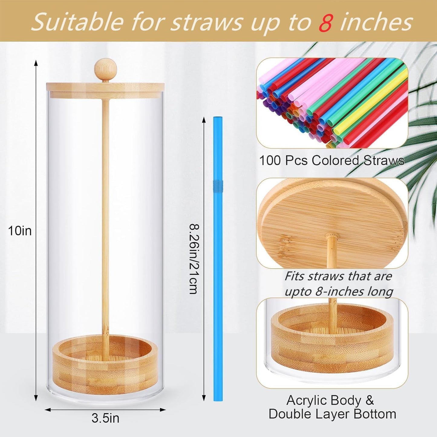 JYPS 10-Inch Acrylic Straw Dispenser with Bamboo Lid with 100 Colorful Straws, Transparent Counter Container Countertop Organizer for Kitchen, Office,Cabinet Storage, Holds Pencils, Cutlery