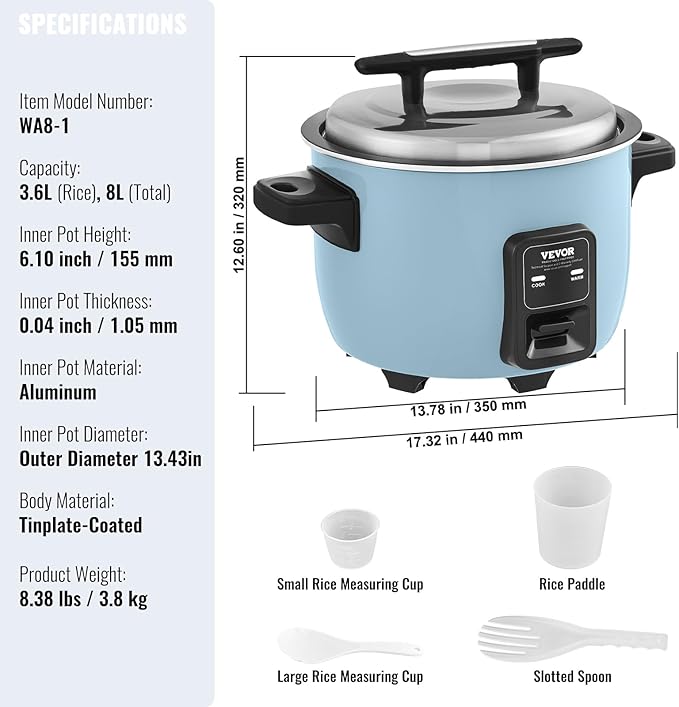 VEVOR Commercial Rice Cooker, 40-Cup Rice Cooker, 8.45 Qt / 8 Liter Large Rice Cooker and Warmer with Nonstick Inner Pot, Fast Cooking and 24-Hour Keep Warm, with Rice Cup and Paddle, for Restaurant