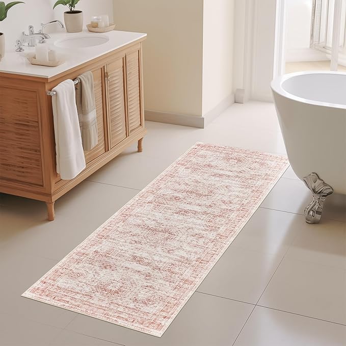 Washable Runner Rugs for Bedroom - 2x6 Runner Rug Non Slip, Ultra-Thin Entryway Runner, Soft Abstract Kitchen Runner for Hallway, Laundry, Bathroom, Indoor Door Mat(2'x6', Pink/Ivory)