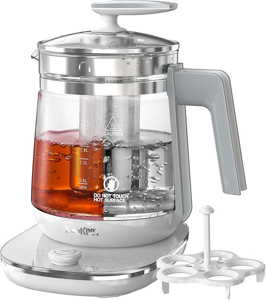 1200w Electric Kettle, 1.5L Borosilicate Glass tea kettle, Hot water kettle electric for Coffee or Tea, BPA Free, Auto Shut-Off, Stainless Steel, Fast Boil, White