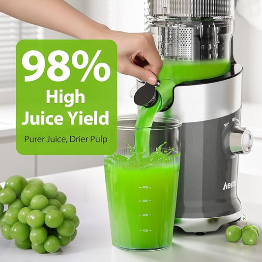 Juicer Machines For Whole Fruits, Aeitto Cold Press Juicer with Large Feed Chute, Self Feeding Slow Masticating Juicers, Easy to Assemble, Easy to Clean & Use, High Juice Yield
