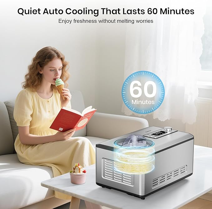 Ice Cream Maker with Upgraded Compressor, [40% Faster Freezing], No Pre-Freezing Needed, LED Display, 2.1 Qt Capacity, Easy Operation for Ice Cream & Yogurt, Stainless Steel