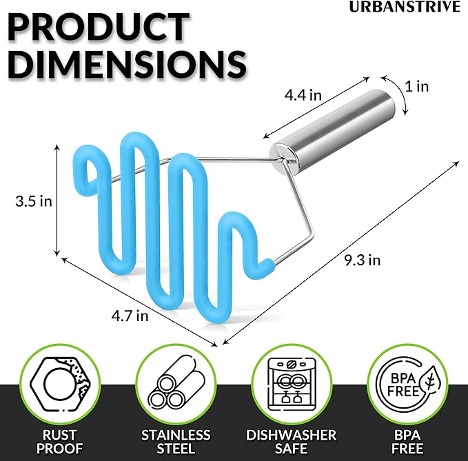 Urbanstrive Non-Scratch Silicone Potato Masher Kitchen Tool, Potatoes Masher Potato Masher Stainless Steel Wrapped In Premium Silicone, Potato Smasher, Blue