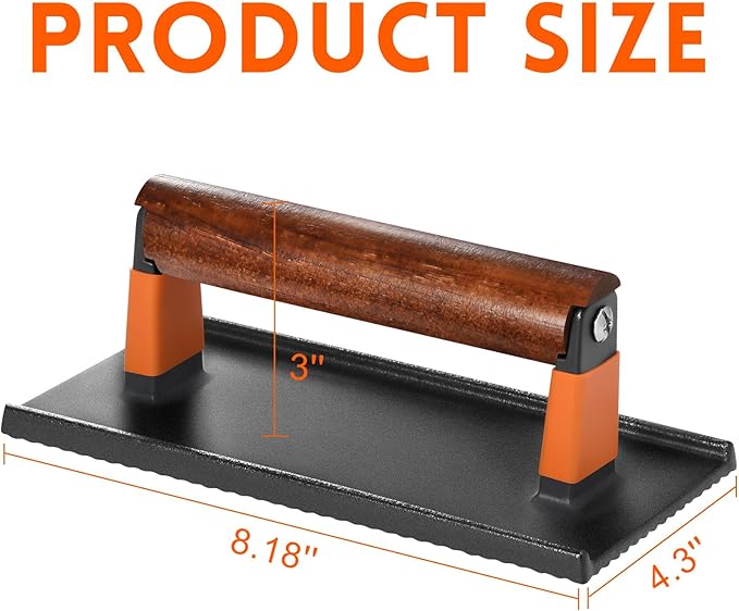 GGC Bacon Press for Griddle, Cast Iron Smash Burger Press for Hamburger, Steak, Bacon, Sandwiches, 8"x 4" Rectangle Meat Press with Wooden Handle for Grill and Griddle Cooking(10Pcs Patty Paper)