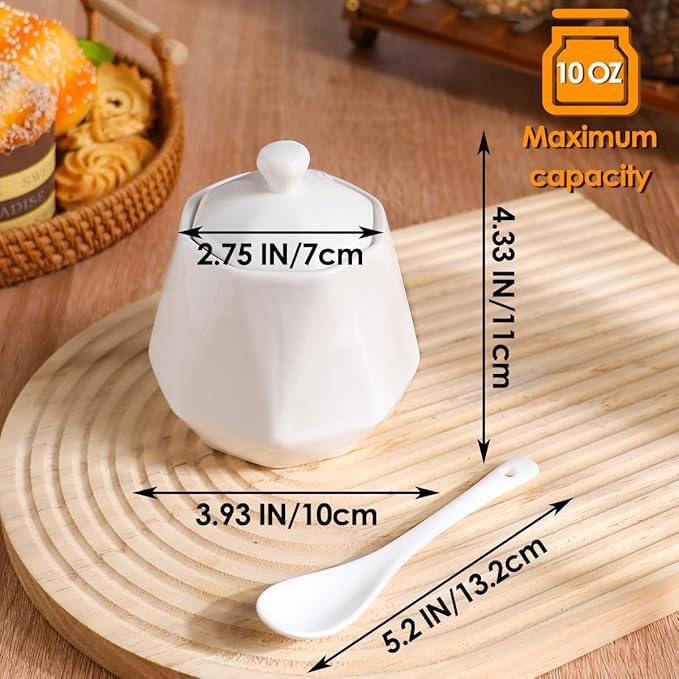 Ceramic Sugar Bowl with Lid and Spoon, Rhombus Porcelain Salt Storage Jar, White Seasoning Container for Home and Kitchen, 10 Ounces (Rhombus)