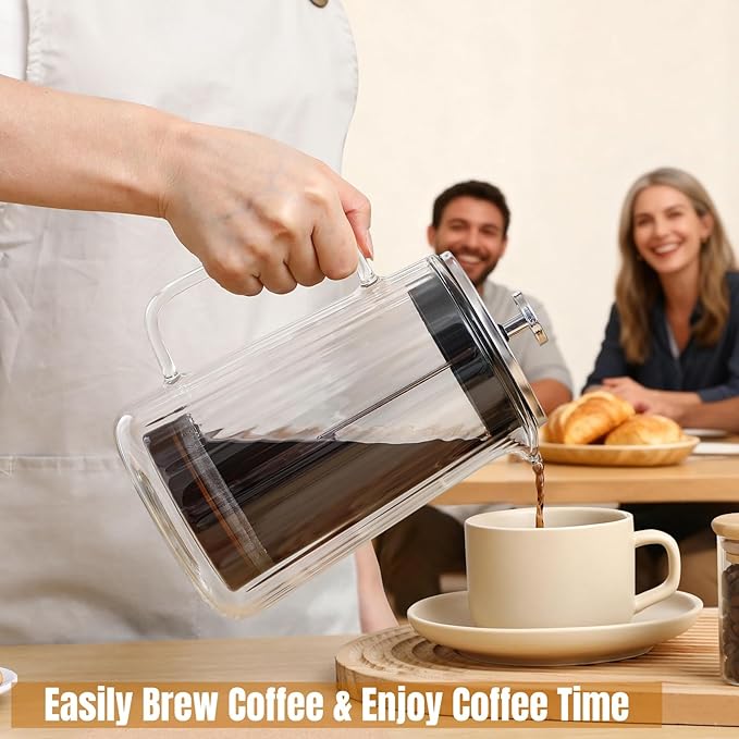 CHDEXU Glass French Press Coffee Maker 34oz, Double Wall Heat-Resistant Borosilicate Glass Coffee Press with Stainless Steel 4-Level Filtration, Also Fit for Tea