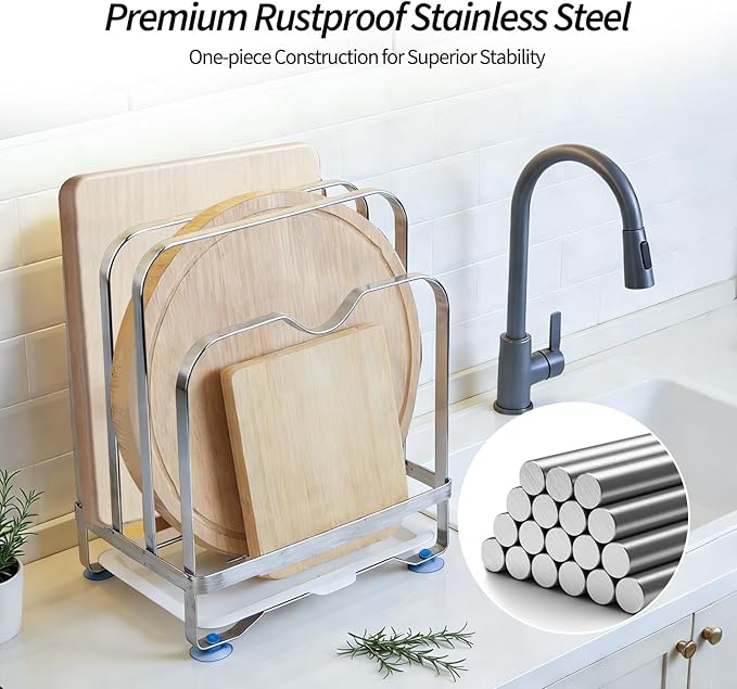 Stainless Steel Cutting Board Organizer Rack with Draining Tray, 3 Slots Kitchen Countertop Holder for Pot Lids, Heavy Duty Anti-Slip Stand for Thick & Thin Boards, Rustproof Storage