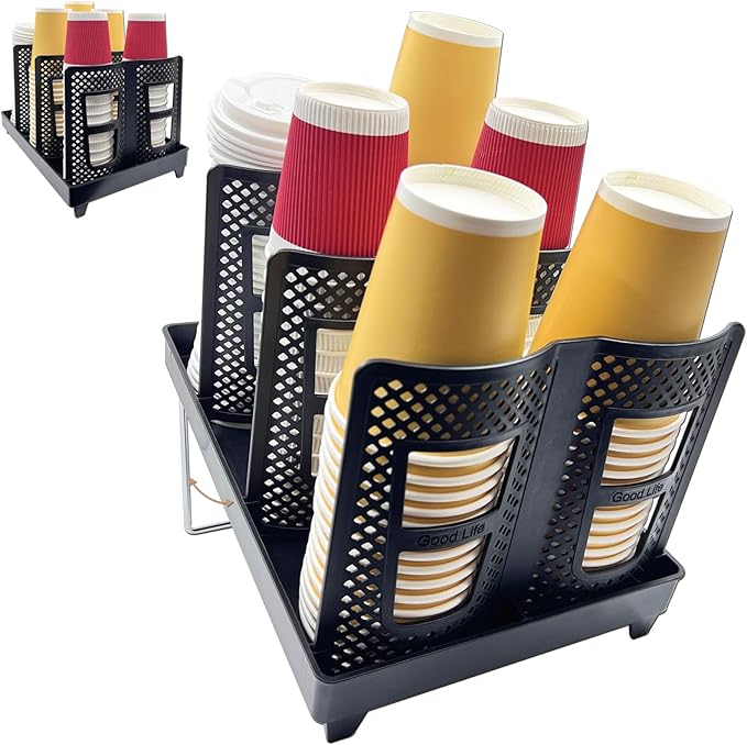 Cup and Lid Holder, Adjustable Coffee Cup Organizer 6 Compartment, Disposable Paper Cup Dispenser fits 8-22oz, Plastic Cup Storage Rack for Coffee Station Bar Countertop Breakroom, Station