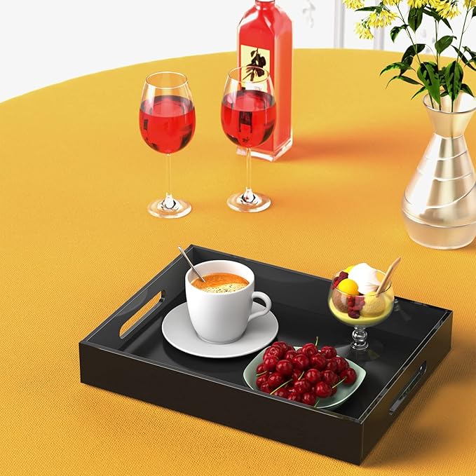 Acrylic Serving Tray with Handles-16x12x2.36Inch-Decorative Tray Letter Tray Organizer for Ottoman Coffee Table Countertop, Black