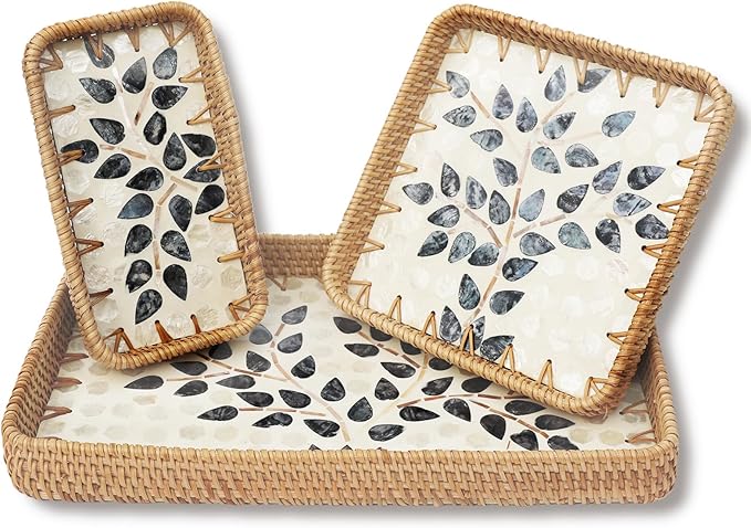 Rattan Serving Tray with Mother of Pearl Inlay,Set of 3 Wicker Serving Tray Boho,Hand-Woven from Natural Rattan, Serving Baskets for Home Decor and Coffee Table Decor (Midnight Leaf)