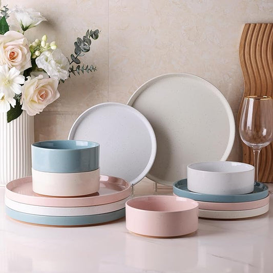 AmorArc Ceramic Dinnerware Set for 4 | Handpainted Stoneware Plates and Bowls with Rustic unglazed terracotta | Scratch Resistant, Dishwasher & Microwave Safe Dishes Sets- 12-Pcs Colorful